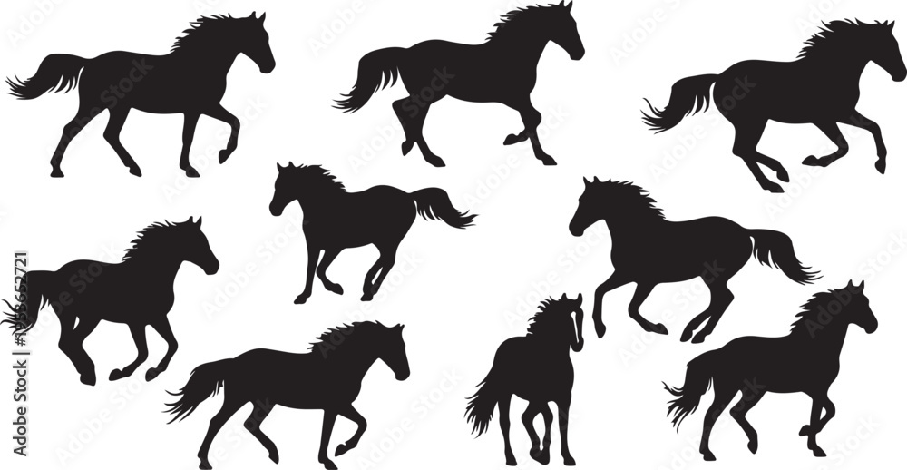 Obraz premium Dynamic silhouettes of galloping and trotting horses in various poses