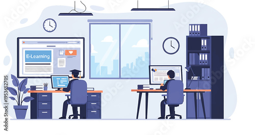 Two men working on computers in a modern office setting.