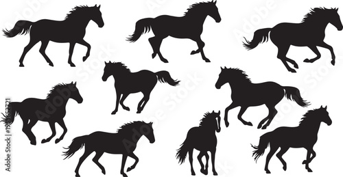 Dynamic silhouettes of galloping and trotting horses in various poses