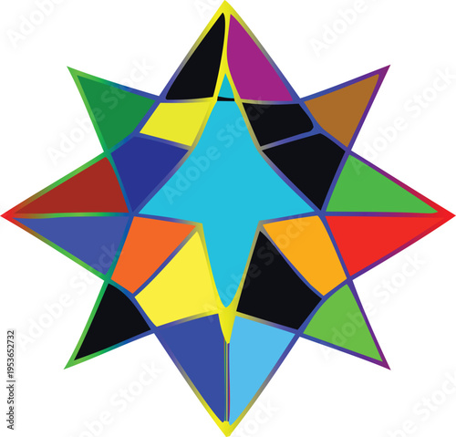 A vibrant geometric starburst design features numerous colorful sharply angled triangular segments high quality professional detailed modern elegant stylish clean crisp