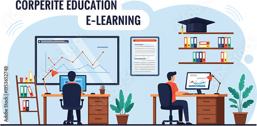 Two men working on computers in an office setting engaged in corporate education and elearning activities.