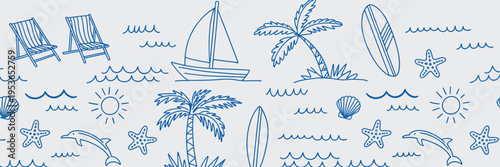 A simple hand drawn pattern in blue with beach and ocean