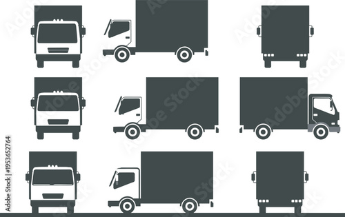Black silhouettes of trucks shown from front, side, and rear views in grid puzzle format, symbolizing pattern recognition, visual reasoning, and cognitive assessment design illustration.