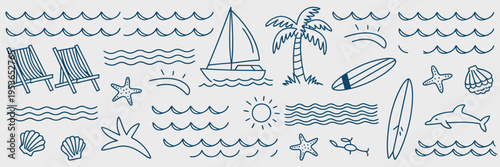 A simple hand drawn pattern in blue with beach and ocean waves