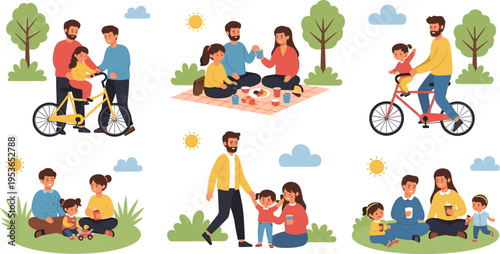 Happy family outdoor activities vector illustration set with parents and children biking, walking, and enjoying picnic in park cartoon style
