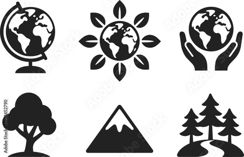 Black and white eco icons set featuring globe, tree, mountain, forest trail, sustainability, environmental protection, conservation, and nature awareness for ecology and green lifestyle concepts