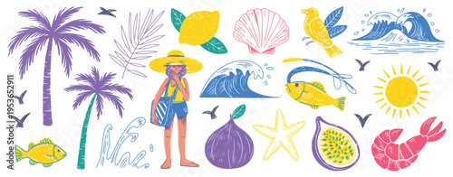 A vibrant hand drawn collection featuring tropical and beach scenery palm tree waves