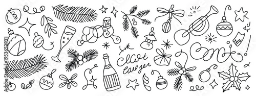 Black and white hand drawn doodle pattern featuring christmas ornaments and festive
