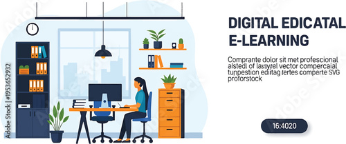 Woman working on computer in modern office digital education and elearning concept.