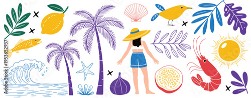 A vibrant hand-drawn of a beach scene with a woman in a blue swimsuit and hat surrounded by tropical