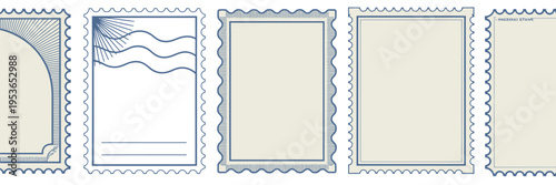 Five blank postage stamps with one featuring a blue sky and clouds blank stamps white background
