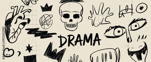 Black and white sketchy doodle composition with dramatic and expressive including skulls hands and eyes