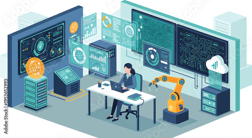 Woman working with advanced technology and robotics in a modern lab.