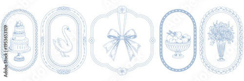 Five decorative vintage style border with wedding cake swan ribbon fruit and flowers in blue and white