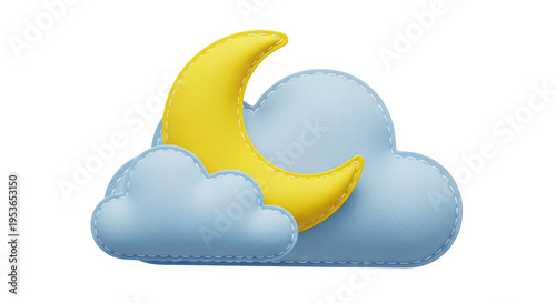 Yellow crescent moon and blue clouds, representing nighttime, dreams, or a peaceful sky, 3D illustration on white background