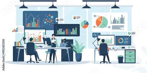 Business people analyzing data and statistics in a modern office environment.