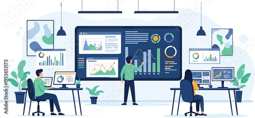 Business people analyzing data on a large screen with various charts and graphs showcasing data visualization and analytics in a modern office setting.