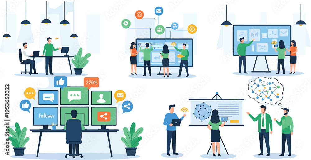 Naklejka premium Business people collaborating on various projects and presentations in a modern office environment.