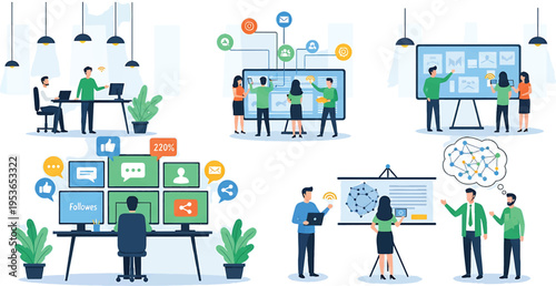 Business people collaborating on various projects and presentations in a modern office environment.