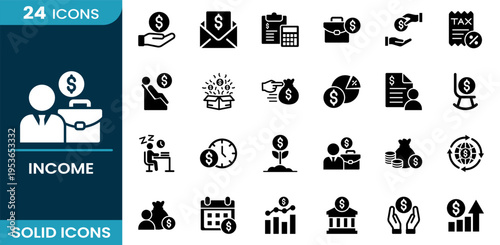 Income icon set. Financial growth, money profit, revenue stream, business earnings, investment return, salary income, economic gain, cash flow concept and more. Solid vector icons collection.