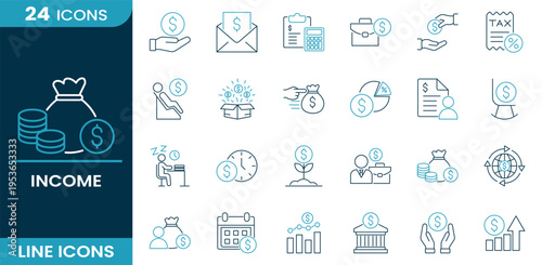 Income icon set. Financial growth, money profit, revenue stream, business earnings, investment return, salary income, economic gain, cash flow concept and more. Line vector icons collection.
