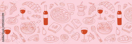 Seamless pattern of italian cuisine with wine bottles, food dishes, and utensils in red and pink tones