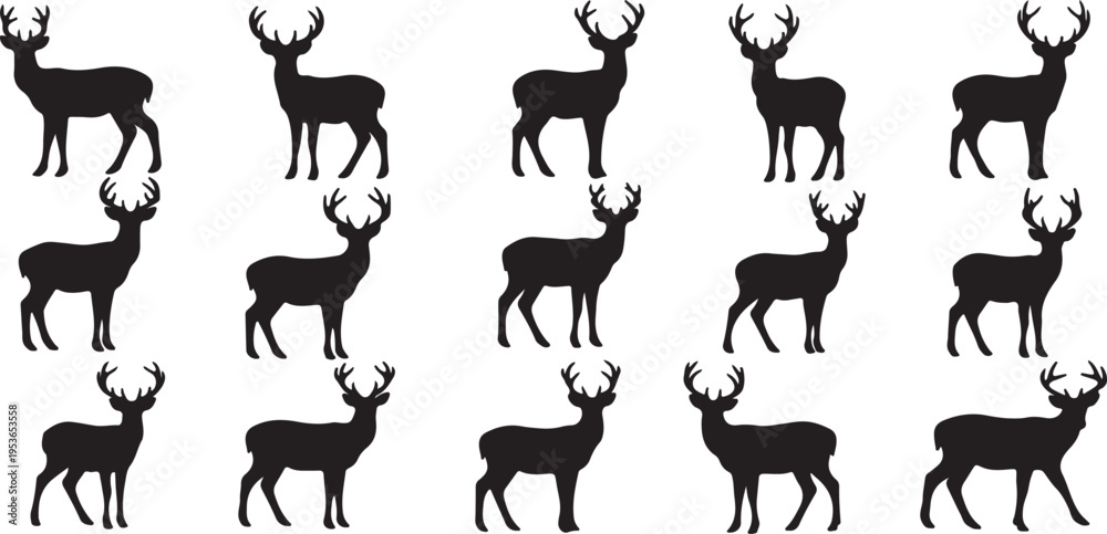 Obraz premium Collection of black silhouette deer in various poses and orientations
