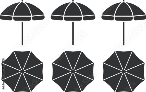 Collection of six black silhouette illustrations of beach umbrellas shown from side and top views, highlighting canopy design and structure for summer, travel, and graphic resources.