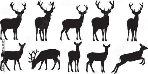 Diverse silhouettes of deer and antlered animals in various stances and poses