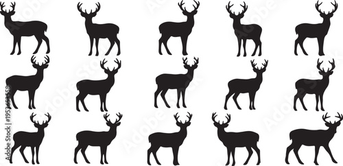 Collection of black silhouette deer in various poses and orientations