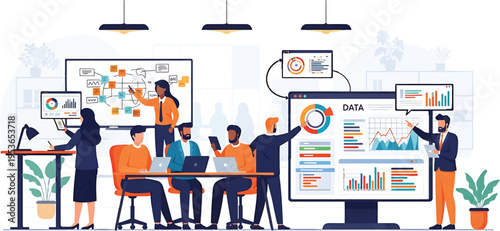 Business team analyzing data and collaborating on project in modern office.