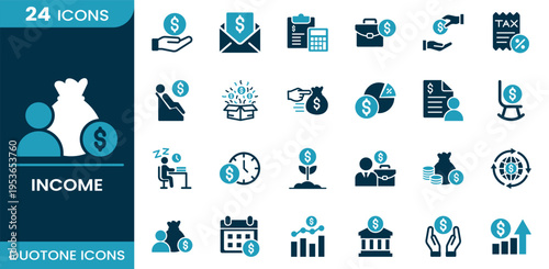 Income icon set. Financial growth, revenue stream, money profit, business earnings, investment return, salary income, economic gain, cash flow concept and more. Duotone vector icons collection.