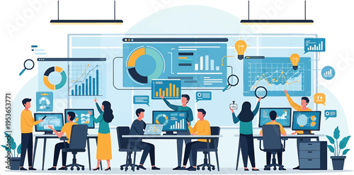 Business team analyzing data and statistics on large screens in a modern office environment.