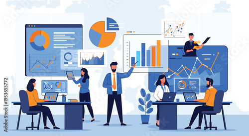 Business team analyzing data and financial reports in a modern office setting.