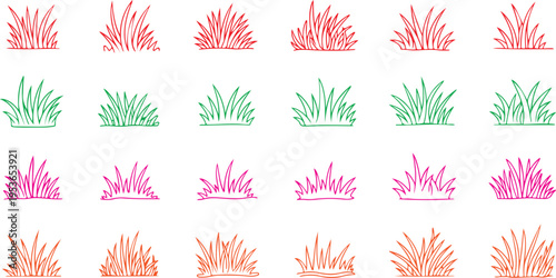 Colorful Doodle Icons, Bush Hedge Set, Grass Illustrations, and Red Explosion Fire Effects Vector Pack