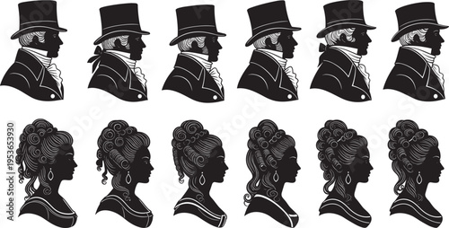Vintage black silhouette profiles of men in top hats and women with elaborate hairstyles, showcasing 18th and 19th century fashion, historical attire, and artistic representation.
