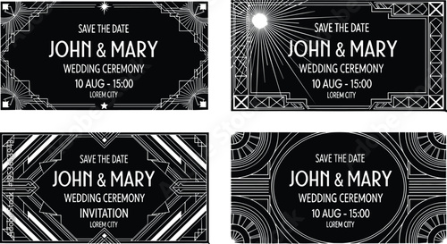 Art deco wedding invitation cards vintage geometric frames elegant save the date design luxury vector illustration set collection
