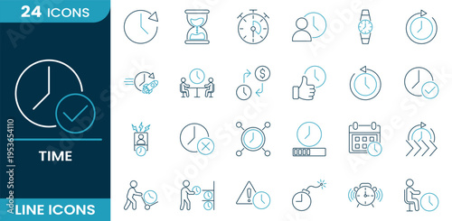 Time icon set. Clock management, deadline reminder, schedule planning, time tracking, productivity control, alarm system, business timing, workflow efficiency and more. Line vector icons collection.