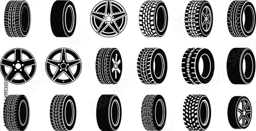 Car tire and wheel icons collection, automotive rubber tread designs, vehicle wheel rims set, black vector illustration, transport equipment graphic
