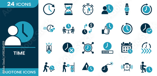 Time icon set. Clock management, schedule planning, deadline reminder, time tracking, productivity control, alarm system, workflow efficiency, business timing and more. Duotone vector icons collection