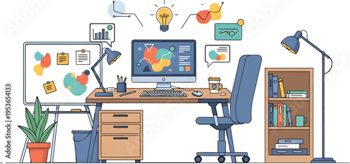 Creative workspace with computer desk chair and various design elements.