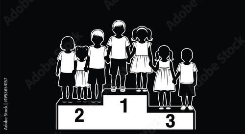 Children winners podium silhouettes, kids standing on ranking stage, competition success concept, childhood achievement illustration, black white vector graphic design