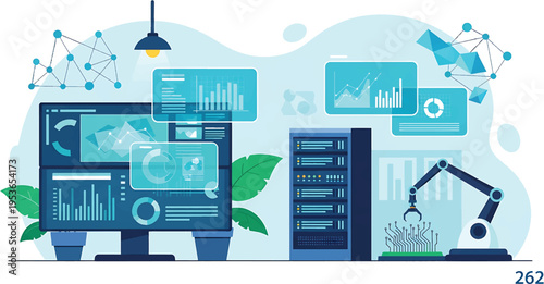 Data analysis and server room with robotic arm.