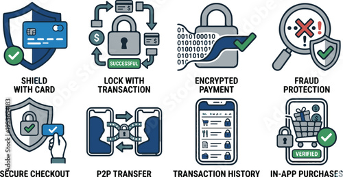 Secure Financial Transactions and Cyber Security Icon Set for Fintech and In-App Purchases