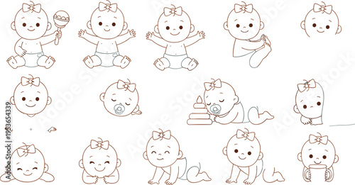 cute baby girl poses set infant activities crawling sleeping playing cartoon outline collection cad drawing flat vector illustration