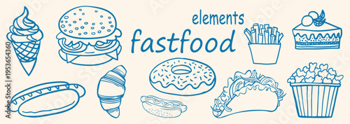 Hand drawn vector set of different fast food elements . line art set . fast food elements set . sketches fast food art .vector line food art element . vector illustration