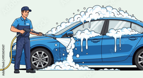 Worker washing blue car with foam hose and detailing spray
