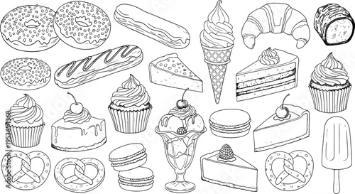 dessert collection hand drawn bakery sweets donuts cake ice cream pastry outline set cad drawing flat vector illustration