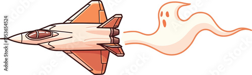 Jet fighter aircraft emits a whimsical ghost-shaped trail of exhaust smoke, suggesting playful speed and supernatural themes.