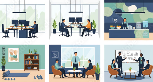 Diverse Business Scenarios and Professional Interactions in Modern Workspaces.